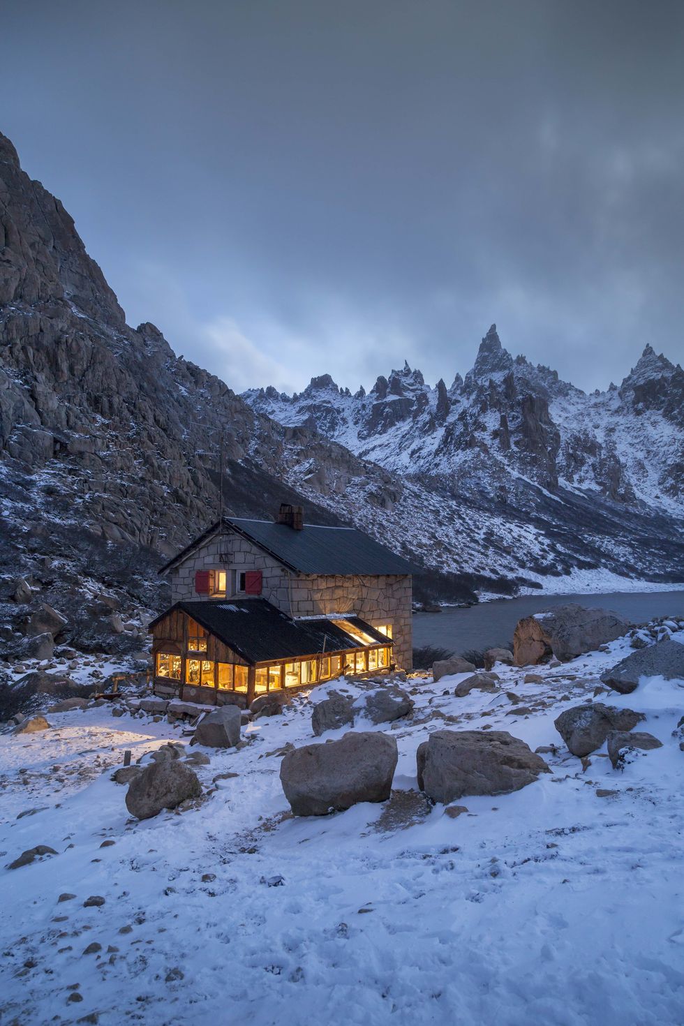 Stone building in mountains at sunset in Bariloche, Argentina