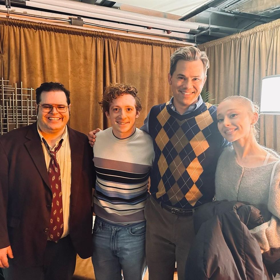 josh gad, ethan slater, andrew rannells, and ariana grande backstage at gutenberg the musical