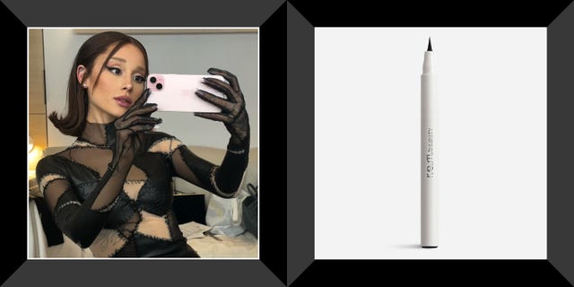 ariana grande in catwoman outfit with winged eyeliner