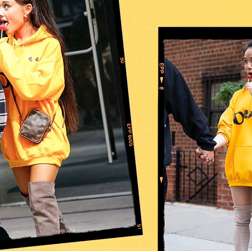 Ariana Grande: Yellow Hoodie, Suede Boots