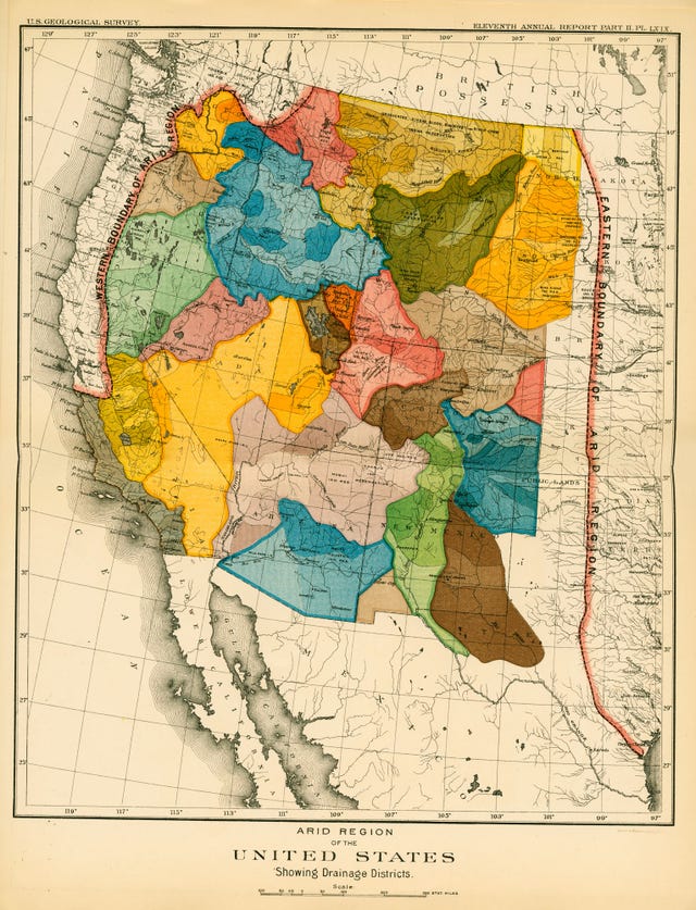 arid region of the united states showing drainage districts, 1890, by john wesley powell