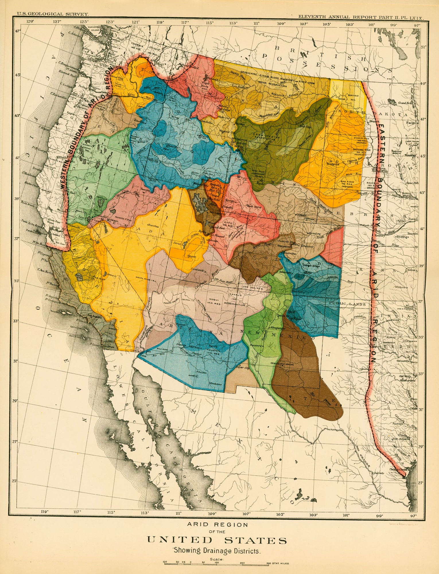 arid region of the united states showing drainage districts, 1890, by john wesley powell