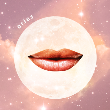 a pair of lips smiles over a full moon in front of a cloudy, starry, pink and purple sky the word "aries" can be seen over the moon