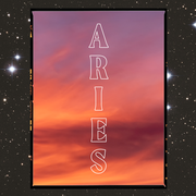 the word aries in white letters over a sky at sunset