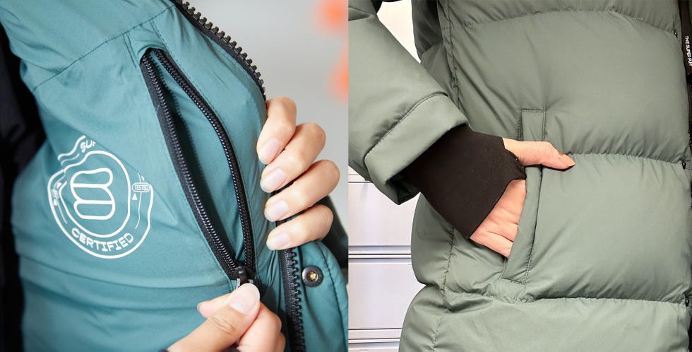 close up of someone zipping an inside pocket on the aritzia super puff and someone showing the cuff and outer pocket of the coat