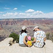best family vacation ideas in the usa  arizona, grand canyon national park, south rim, family sitting on viewpoint