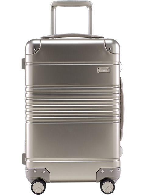 Suitcase, Hand luggage, Product, Luggage and bags, Baggage, Silver, Aluminium, Metal, Rolling, Gas, 