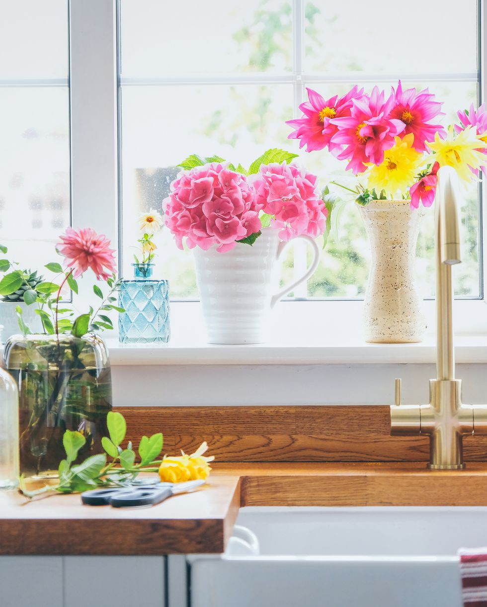 arranging cut flowers from late summer in the kitchen