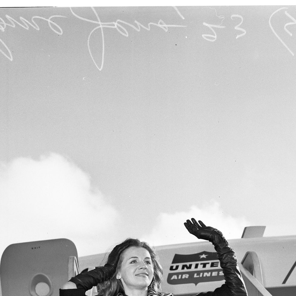 arrival from chicago, 8 april 1960. salome jens 23 years (actress) (hand out).;supplementary material reads: 'news bureau. united air lines. huntley 2 3300. starring role: attractive salome jens, 23, recently seen in the off broadway production 'balcony', arrives from chicago via united air lines dc 8 jet to star in a new movie, 'angel baby'. it will be miss jens' first movie and she will be seen with george hamilton. (photo room)'.. (photo by los angeles examiner/usc libraries/corbis via getty images)