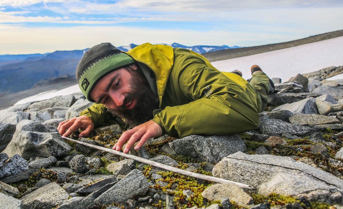 Een archeoloog onderzoekt een houten pijlschacht die uit het ijsveld van Langfonne in Noorwegen is opgedoken Met behulp van koolstofdatering is de ouderdom bepaald van veel voorwerpen die in het inmiddels snel ontdooiende ijs bewaard zijn gebleven