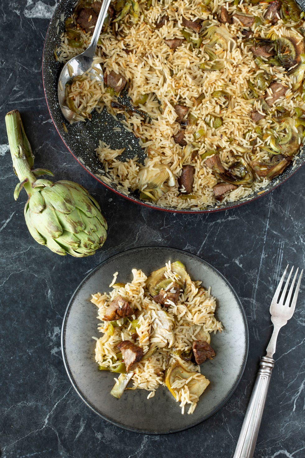 arroz con alcachofas y presa ibérica