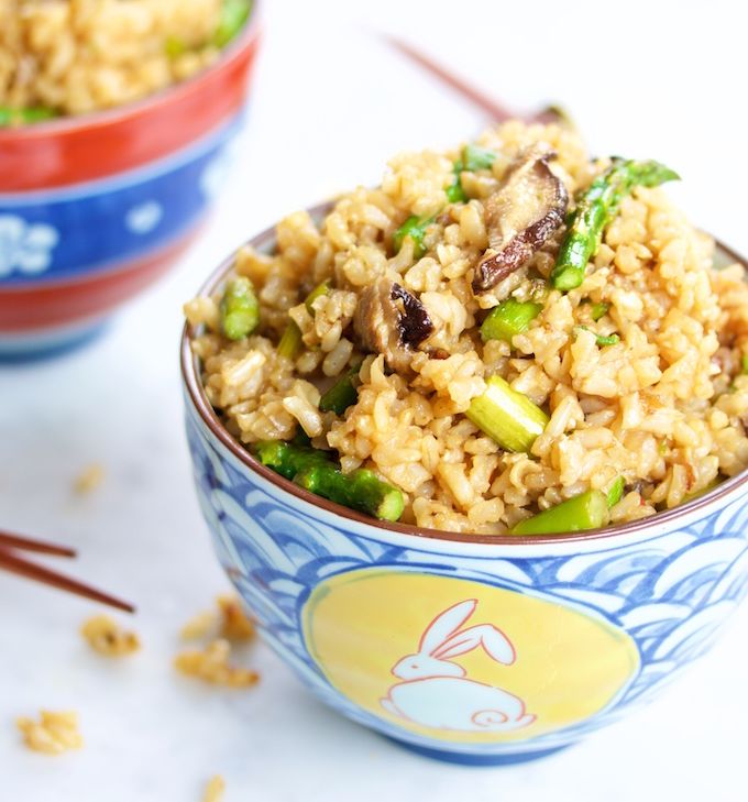fried rice with shiitakes and asparagus