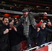 london, england january 22 arsenal fans celebrates the 3rd goal during the premier league match between arsenal fc and manchester united at emirates stadium on january 22, 2023 in london, england photo by stuart macfarlanearsenal fc via getty images