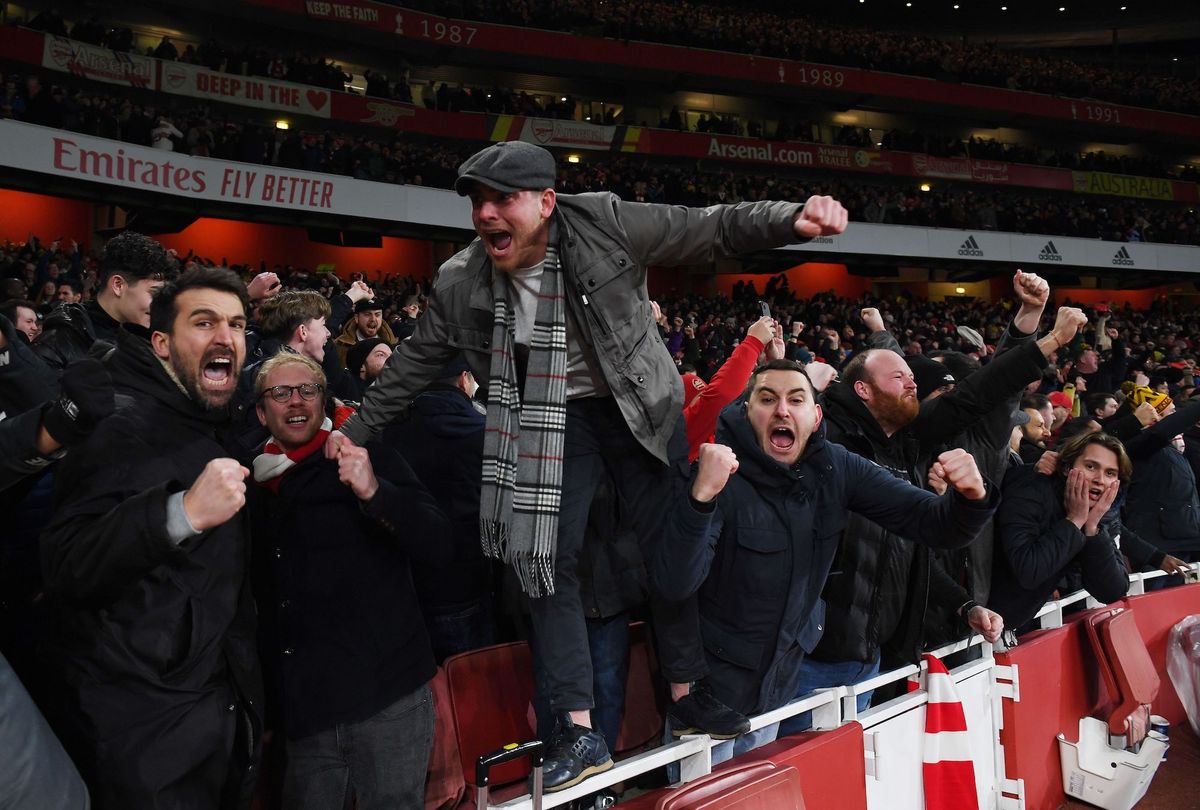 london, england january 22 arsenal fans celebrates the 3rd goal during the premier league match between arsenal fc and manchester united at emirates stadium on january 22, 2023 in london, england photo by stuart macfarlanearsenal fc via getty images