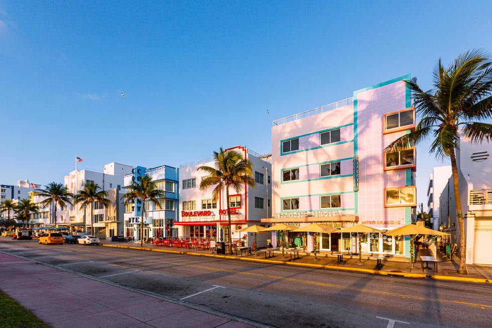 art deco hotels along the ocean drive in south beach, miami, usa