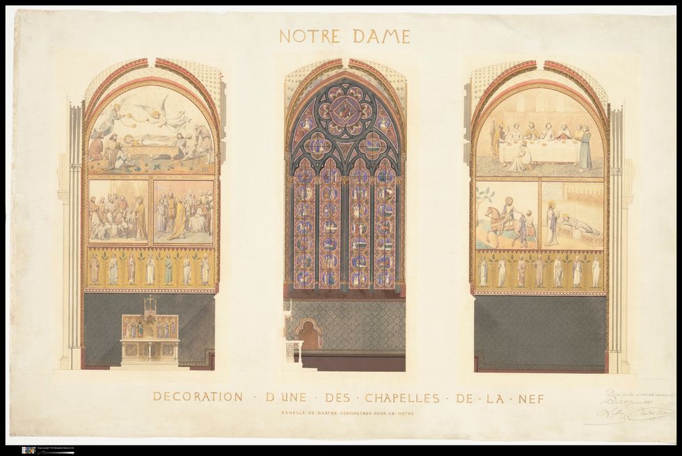 ViolletleDuc restaureerde alle 24 kapellen in de kathedraal en liet nieuwe muurschilderingen en gebrandschilderde ramen aanbrengen Op deze aquarel zijn ontwerpen te zien voor een van de kapellen in het middenschip