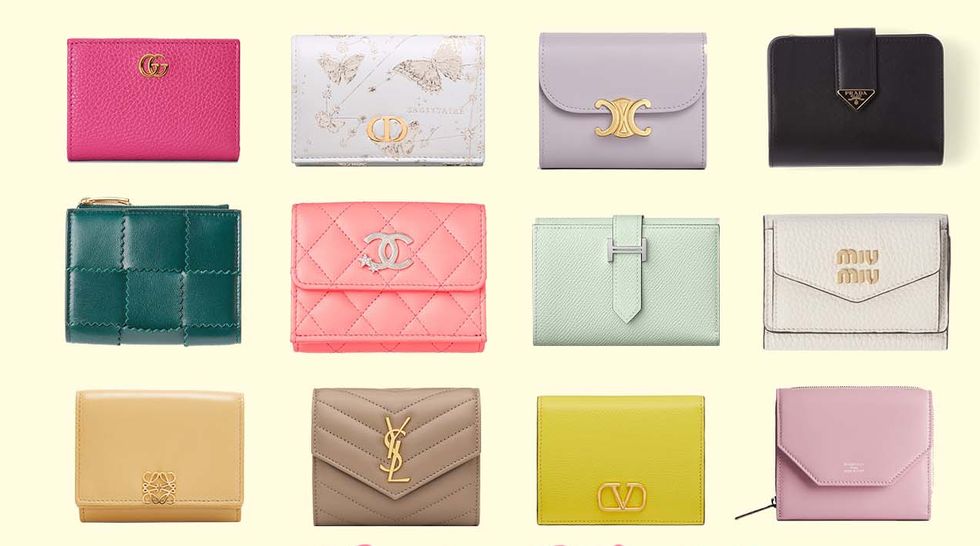 a group of different colored purses