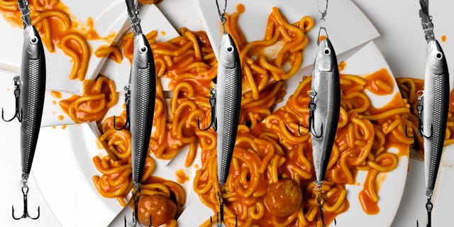 a creative display combining spaghetti with meatballs and fishing lures