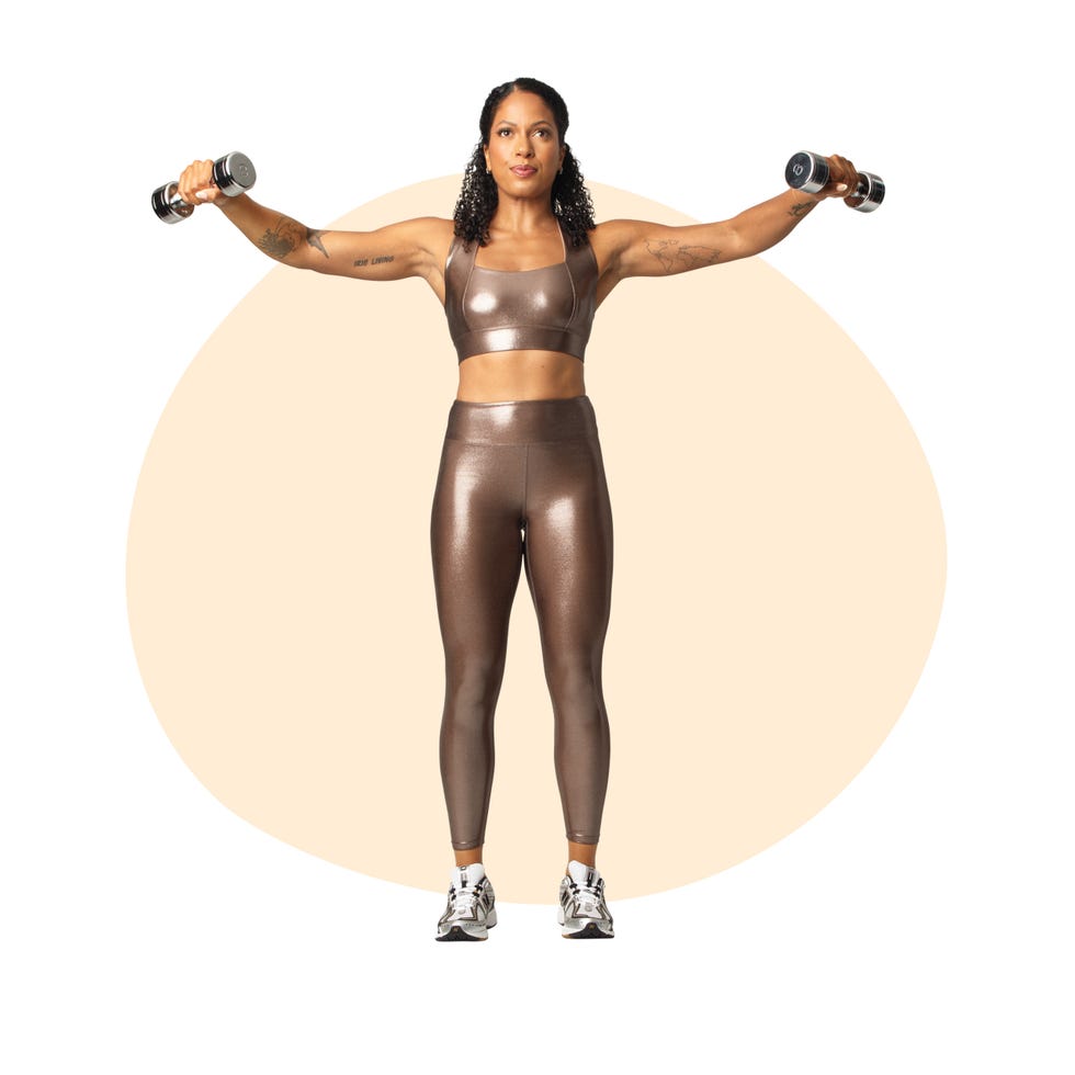 person performing a strength exercise with dumbbells