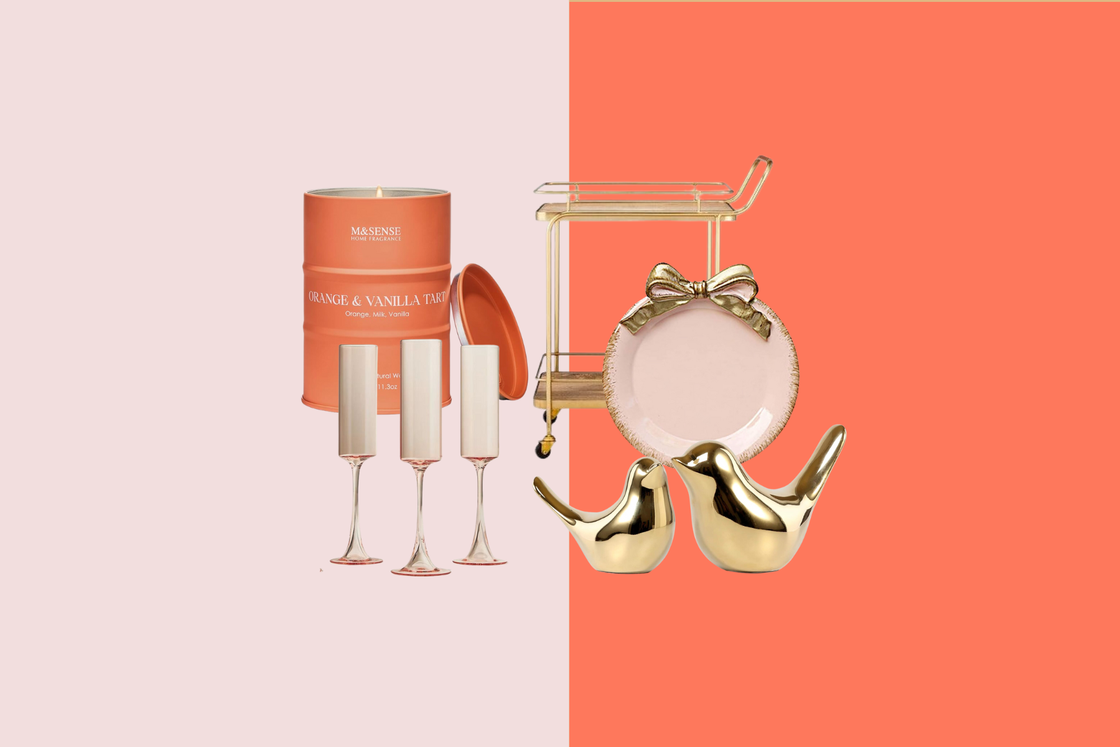 home decor items including a candle champagne flutes and decorative birds