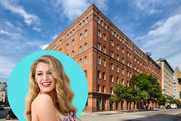 blake lively over a neon blue circle overlaid on the exterior of a tribeca building she calls home