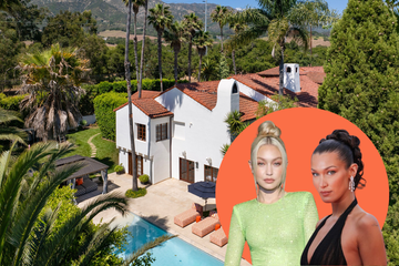 gigi and bella hadid overlaid on a peach colored circle in front of a visual of their childhood home