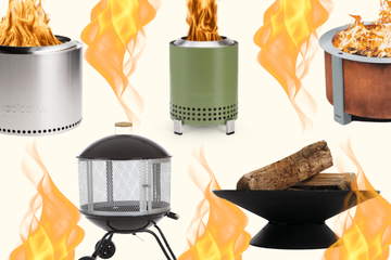 five different fire pit models arranged over a cream background, next to some illustrated flames