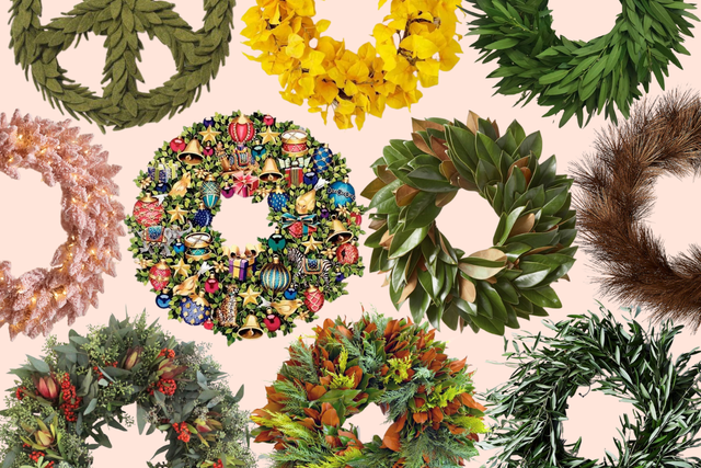 Ten Christmas wreaths in different shades and textures lined up over a pale pink background