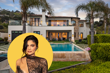 kylie jenner visual overlaid on a picture of a california house she once rented, with a pool and surrounded by palm trees