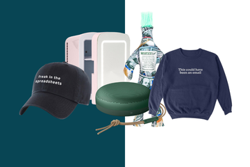 five different gift selections like a speaker, doll, cap, sweatshirt, and mini fridge over a teal and white background