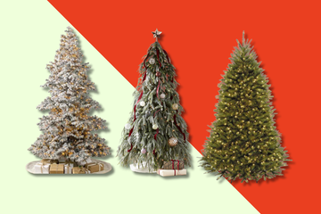 three faux christmas trees in flocked and nonflocked varieties, overlaid on a mint green and red background