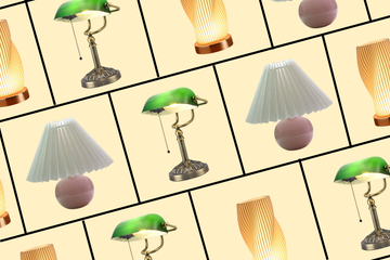 three kinds of tableside lamps in various colors and styles, including a bankers lamp and a curvaceous noodle like lamp