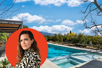 mandy moore overlaid on a red circle in front of a visual of her former home's pool