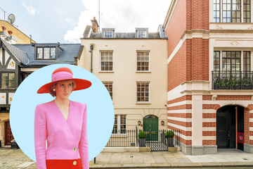 princess diana in a sculptural and wide brimmed hat overlaid on a pale blue circle which itself is overlaid on a photo of her stepmothers old home in london, just sold