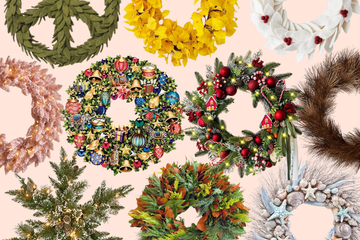 various wreaths displayed in a collage over a light pink background