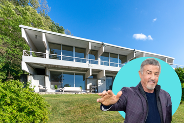 sylvester stallone overlaid on a photo of his former hudson valley home