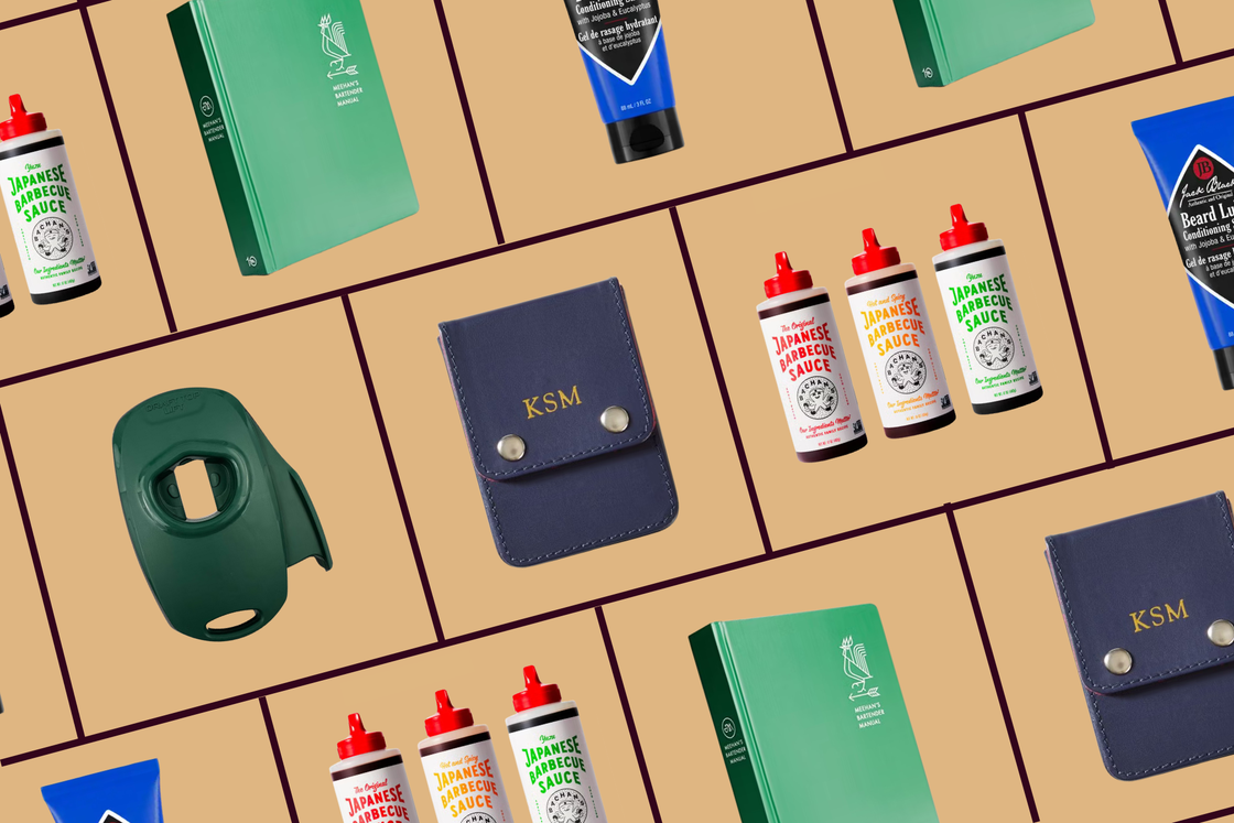 a collection of kitchen and grooming items displayed on a beige background
