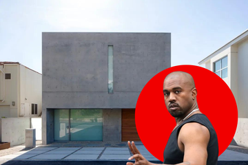 kanye west superimposed on a red circle, which itself is overlaid on a photo of a blocky, brutalist house in malibu