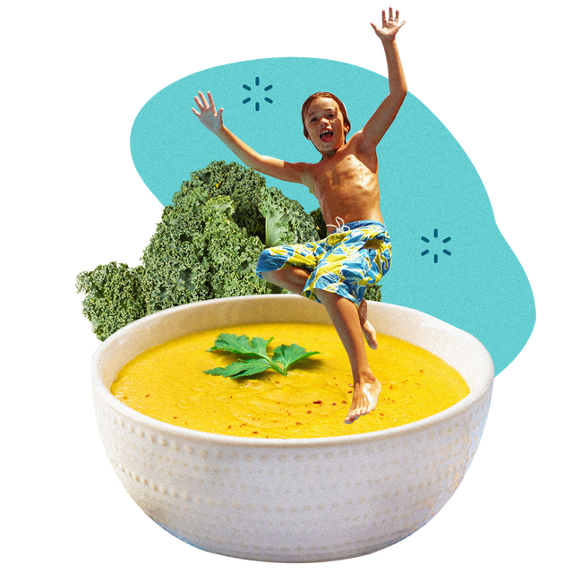 young boy jumping into a soup bowl