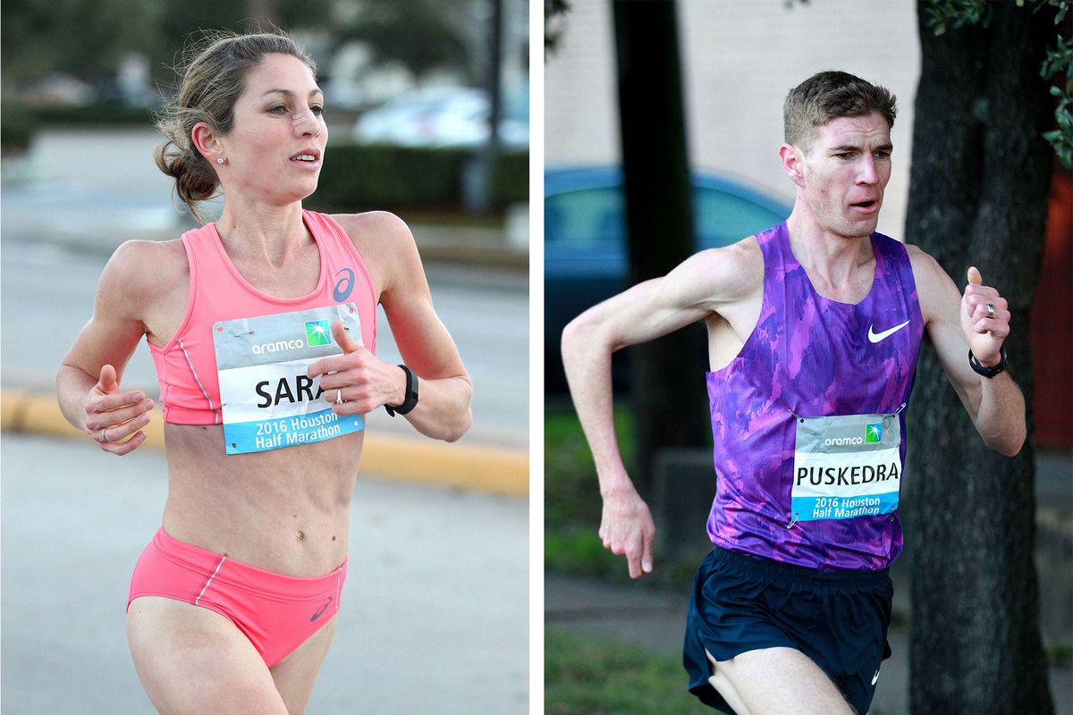 Sara Hall and Luke Puskedra at the 2016 Houston Half Marathon