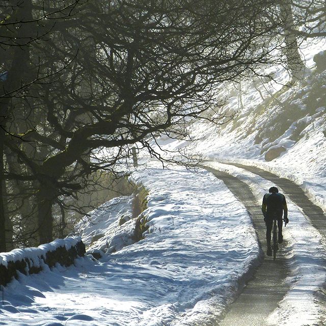 British cyclist riding up snowy wooded path