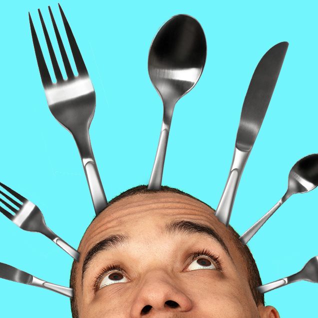 man with silverware sprouting from his head
