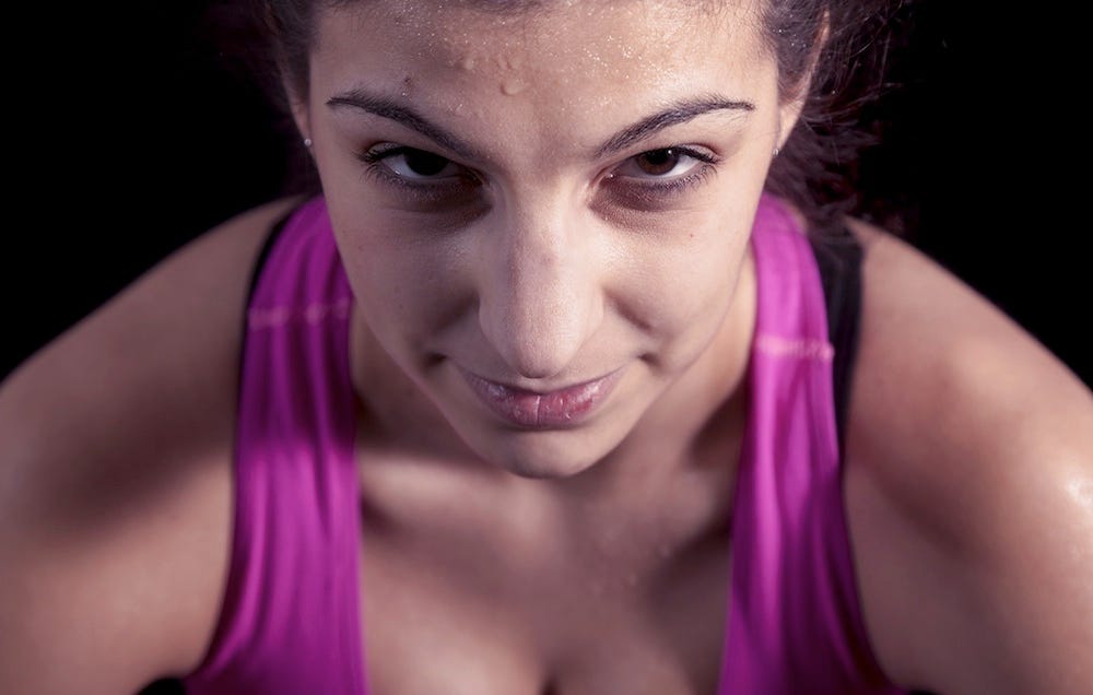 Sweat on skin. Sweaty woman after gym workout, heavy cardio or fat