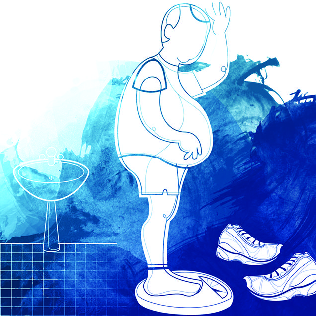 illustration of overweight man weighing himself after a run
