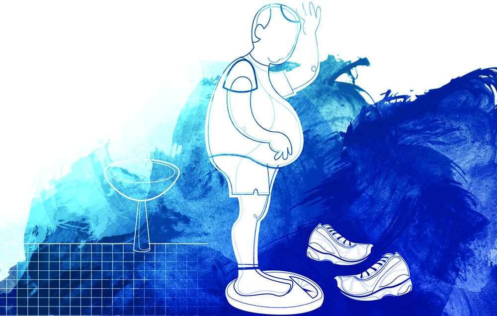illustration of overweight man weighing himself after a run