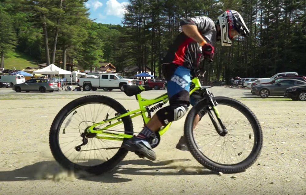 MTB expert Phil Kmetz tests a Huffy department store bike from Walmart on a downhill course