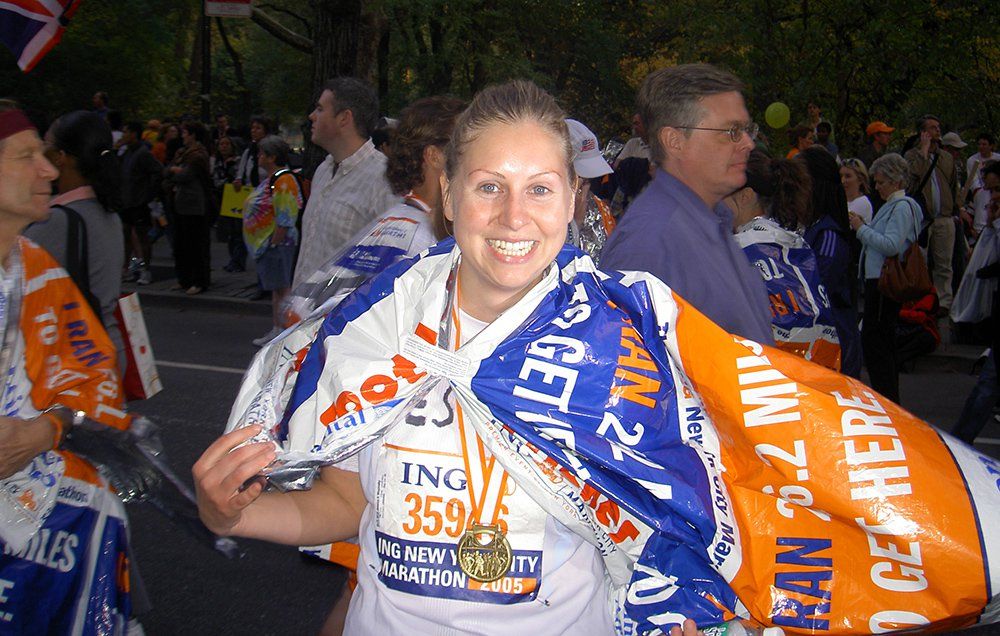 Jessica Wozinsky finishing her first New York Marathon in 2005
