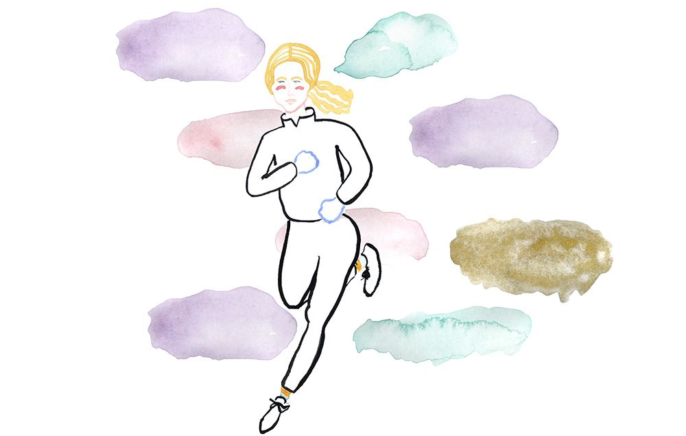Woman running in clouds