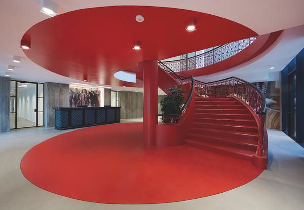 Stairs, Red, Interior design, Ceiling, Building, Architecture, Table, Design, Room, Material property, 