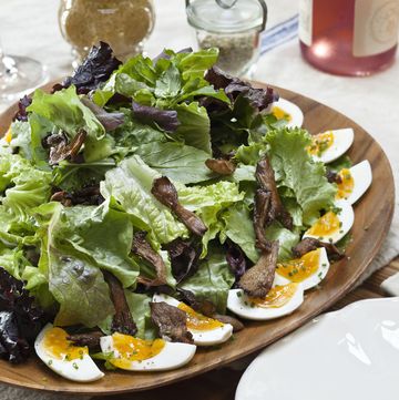 arugula and baby lettuce salad with soft boiled eggs and roasted oyster mushrooms